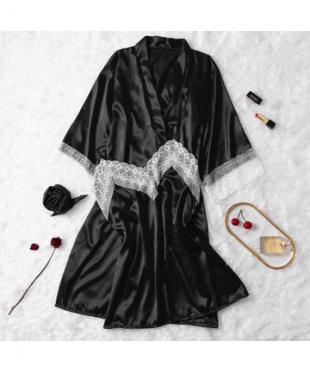 Robes 2 Piece Sleepwear Kimono Set Womens Robe Nightgown Sexy Silk Satin Pajama Dress Lingerie Cover Up Cardigan Black - CE19...