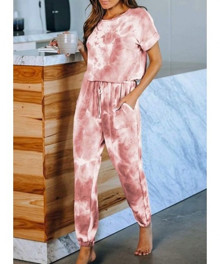 Sets Womens Tie Dye Printed One Piece Long Pajamas Keyhole Short Sleeve Casual Jumpsuit Loungewear Nightwear - Red - CY197ARIL0L