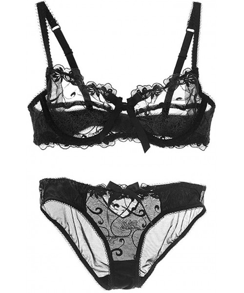 Bras Women's Thin Transparent Lace Bra Set - Black-1 - C811A2CZ5TX