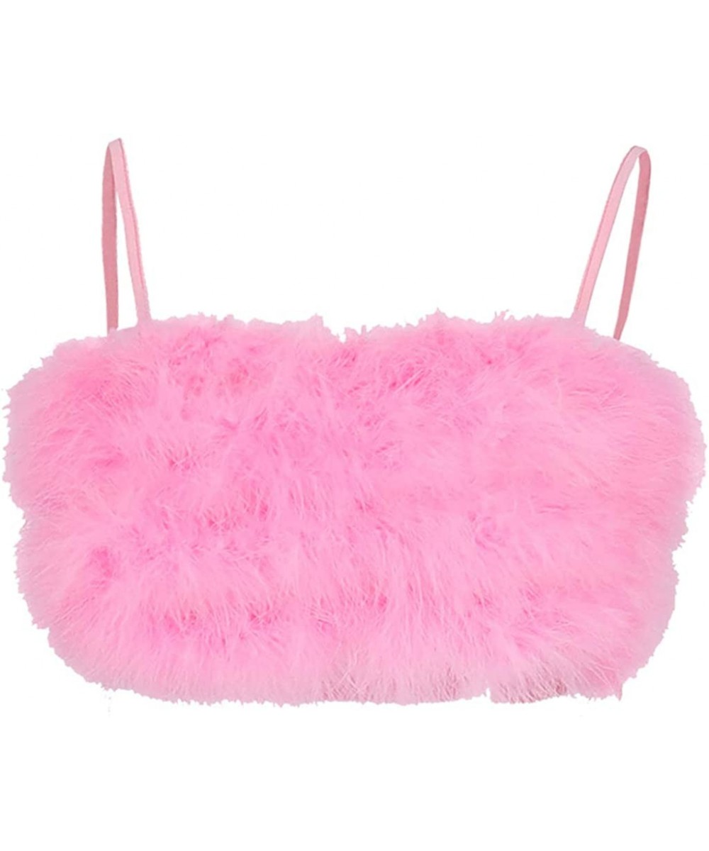 Camisoles & Tanks Womens Sexy Spaghetti Strap Feather Crop Top Camisole Fluffy Plush Bralette Vest - Pink - CW198O2O0EI