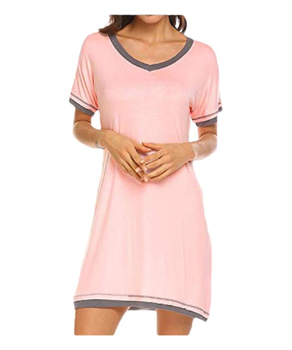 Tops Women Sleepwear Casual Nightgowns Short Sleeve V Neck Sleepshirt - Pink - CA19DD8XZCR