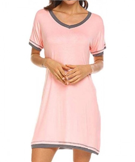 Tops Women Sleepwear Casual Nightgowns Short Sleeve V Neck Sleepshirt - Pink - CA19DD8XZCR