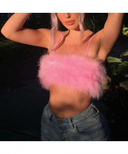 Camisoles & Tanks Womens Sexy Spaghetti Strap Feather Crop Top Camisole Fluffy Plush Bralette Vest - Pink - CW198O2O0EI