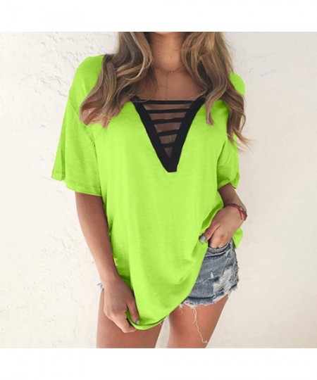 Accessories Women Trendy T-Shirt V-Neck T Shirt Summer Style Short Sleeve Tops Hollow Out Top Tshirt - Green - CM199LMULGC