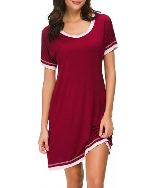 Nightgowns & Sleepshirts Sleepwear Womens Casual Nightgowns Short Sleeve V Neck Sleepshirts - Red - CA18RDSEN9Y