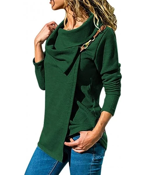 Tops Women Autumn Blouse Lapel Buckle Casual Long Sleeve Plus Size Pullover Tunic Top - Green - C218WES0988