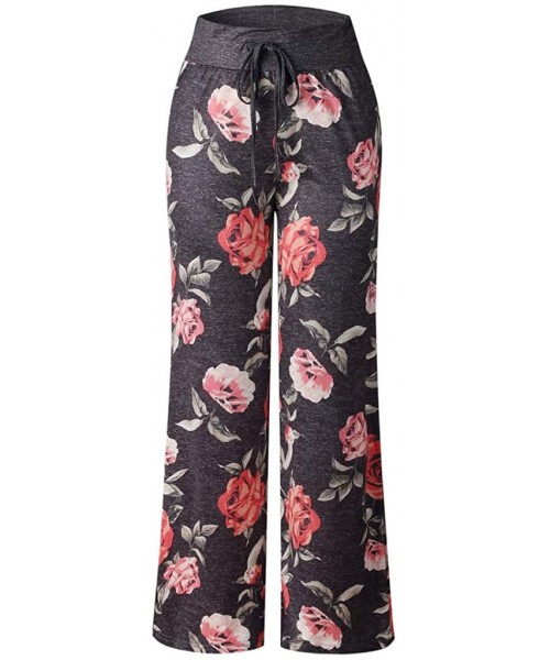 Bottoms Comfy Casual Pajama Pants Floral Print Drawstring Palazzo Lounge Pants Wide Leg - E - Black - CW1947DRHIY