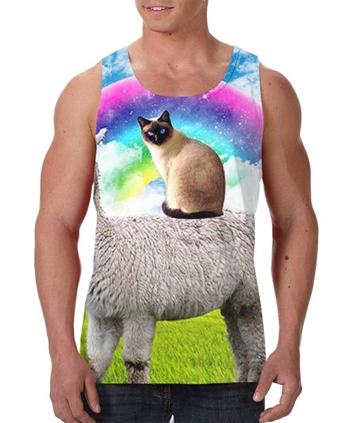 Undershirts Men Muscle Tank Top Summer Beach Holiday Fashion Sleeveless Vest Shirts - Rainbow Grassland Siamese Cat Ride Llam...