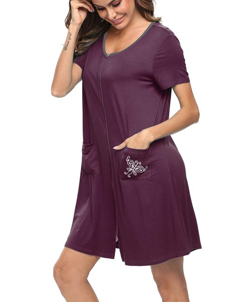 Nightgowns & Sleepshirts Women's Zip Up Housecoat Short Sleeve Robe Modal Nightgrown Sleepwear with Pockets - Wineberry - CX1...