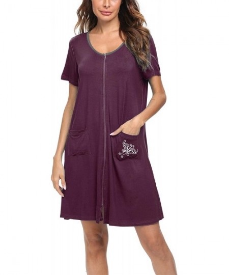 Nightgowns & Sleepshirts Women's Zip Up Housecoat Short Sleeve Robe Modal Nightgrown Sleepwear with Pockets - Wineberry - CX1...