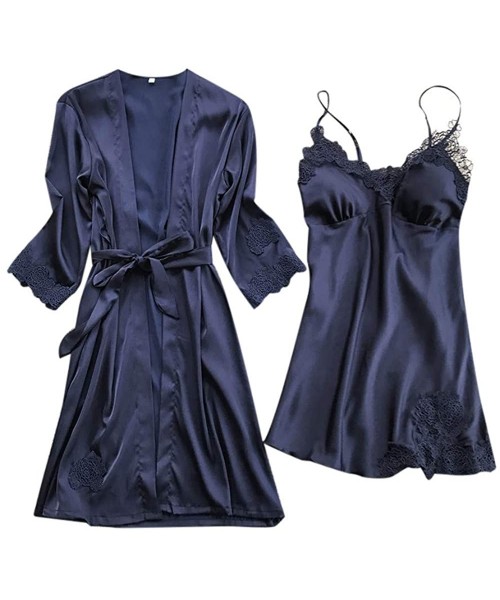 Nightgowns & Sleepshirts Womens Sleepwear Silk Dressing Gown Solid Lace Trim Babydoll Nightdress Kimono Sleepwear - Navy - C2...