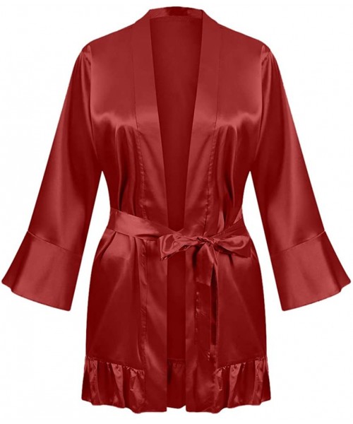 Nightgowns & Sleepshirts Women's Bathrobes Satin Kimono Robe Sexy 3/4 Sleeve Nightwear Short Lingerie Solid Color Robe Pajama...
