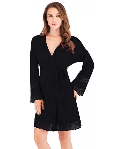 Robes Women Robes Soft Sleepwear Thigh Length Robe V-Neck Ladies Loungewear - J20039-black - CL1979LIHUK
