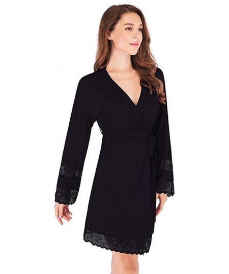 Robes Women Robes Soft Sleepwear Thigh Length Robe V-Neck Ladies Loungewear - J20039-black - CL1979LIHUK