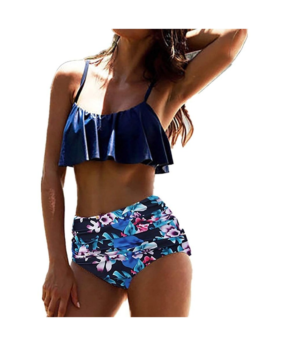 Tops Swimsuit for Women Two Pieces Top Ruffled Backless Racerback with High Waisted Bottom Tankini Set - M5-blue - C818TGN9AY8