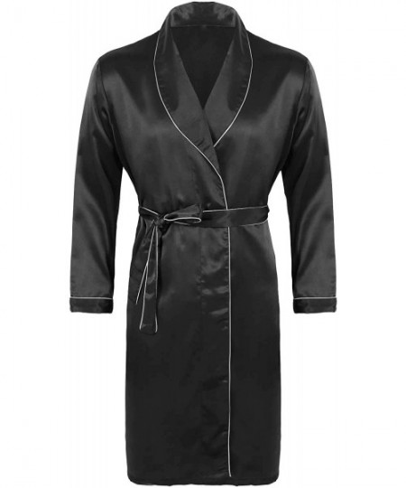 Robes Men's Silky Shiny Casual Bathrobe Nightgown V Neck Long Sleeves Satin Kimono Robe Pajamas - Black - C3198Y68C52