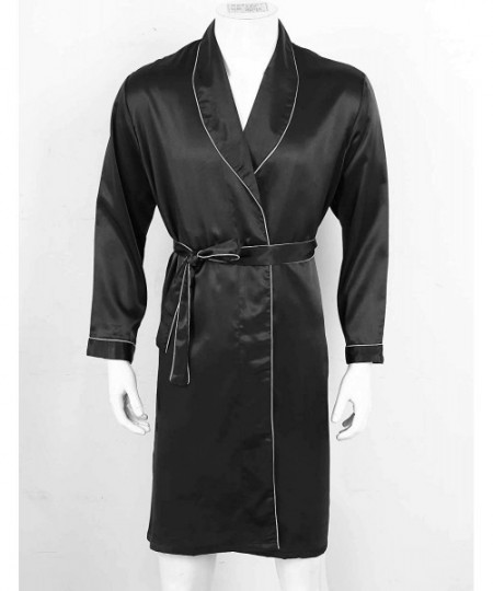 Robes Men's Silky Shiny Casual Bathrobe Nightgown V Neck Long Sleeves Satin Kimono Robe Pajamas - Black - C3198Y68C52
