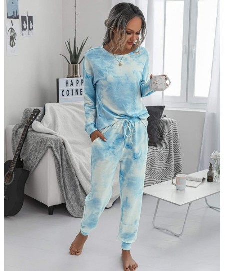 Sets Womens Tie Dye Loungewear Sets Long Sleeve Tops Pajamas Sets Sleepwear Night Shirt - 56 Blue White - CN1999M8DI0