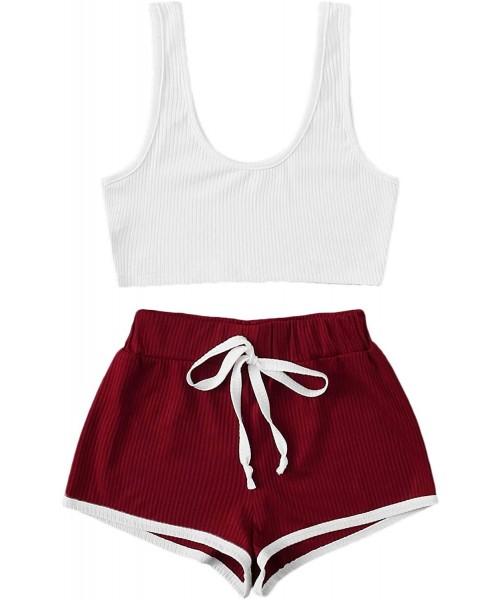 Sets Women's Sporty Ribbed Scoop Neck Crop Tank Top and Letter Shorts Pajama Set - Red - CQ199L898DN