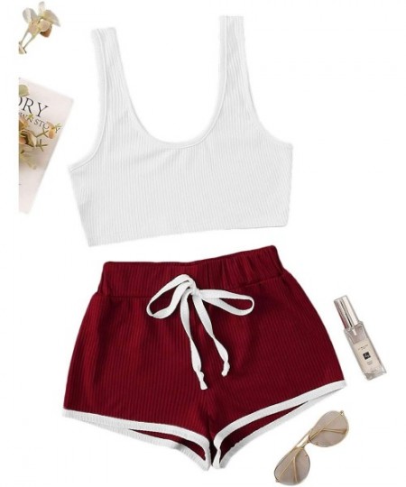 Sets Women's Sporty Ribbed Scoop Neck Crop Tank Top and Letter Shorts Pajama Set - Red - CQ199L898DN