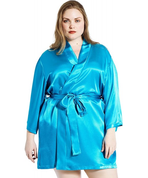 Robes Women's Satin 3/4 Sleeve Plus Size Kimono Robe With Matching Sash Short Length - Teal - CS18GYS4ZEH