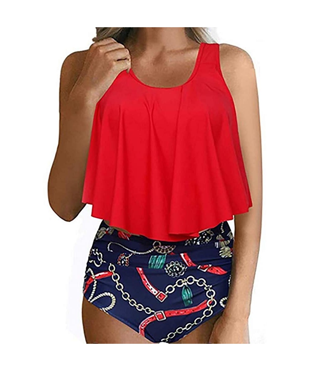 Shapewear Swimsuit for Women Two Pieces Top Ruffled Backless Racerback with High Waisted Bottom Tankini Set - M2-red - CM18T2...