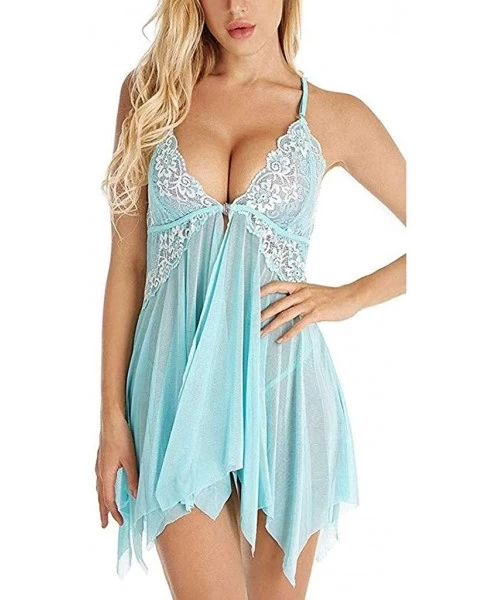 Baby Dolls & Chemises Sexy Lingerie for Women Front Closure Babydoll Lace V Neck Mesh Sleepwear Lingerie - Skyblue-b - CX1933...