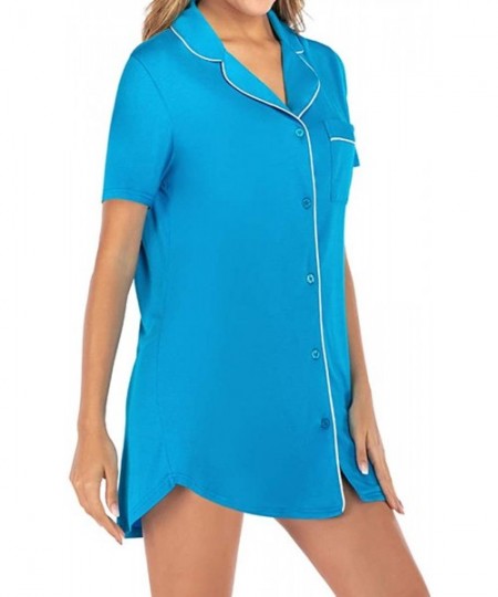 Nightgowns & Sleepshirts Women's Nightshirt Short Sleeve Button Down Nightgown V-Neck Satin Sleepwear Pajama Dress - Azure - ...