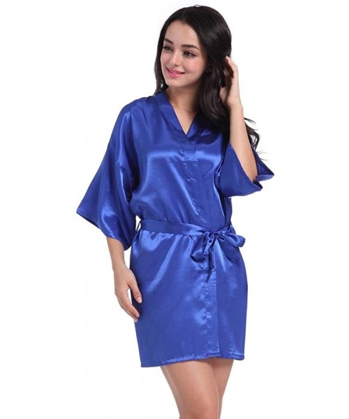 Robes Women's Pure Half Sleeves Short Kimono Silk Robe Sleepwear for Bride Wedding Party - Blue - CP18E9TE7XX