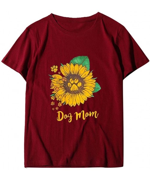 Thermal Underwear Fashion Sunflower Letter Print Short Sleeve T-Shirt Plus Size Round Neck Blouse Tops - Wine - CA193WGLS0G