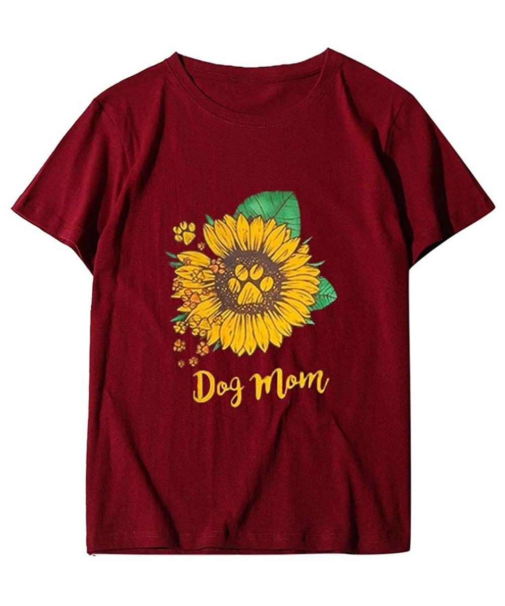 Thermal Underwear Fashion Sunflower Letter Print Short Sleeve T-Shirt Plus Size Round Neck Blouse Tops - Wine - CA193WGLS0G