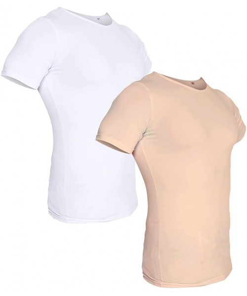 Shapewear Men's Light Compression Crew Neck Shirt - Slimming Tee (2 Pack) - White/Nude - C018O24K9L4