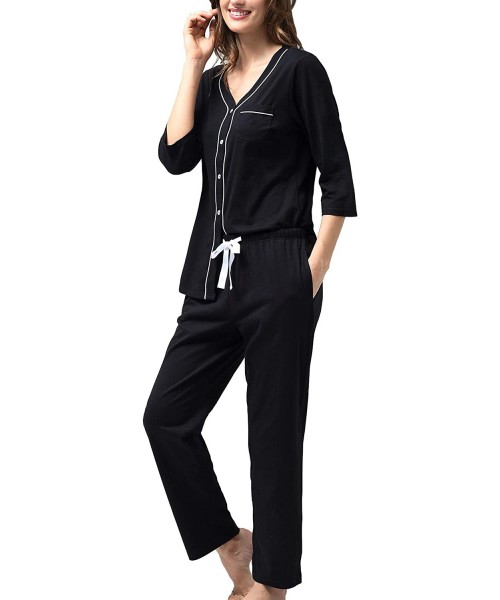 Sets Women's 100% Cotton Pajamas Short Sleeve Button Up PJ Top & Capri Pants Sleepwear - Black-3/4 Sleeve Pj Set - C018TT9TCHG