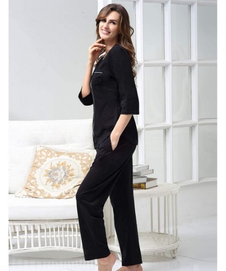 Sets Women's 100% Cotton Pajamas Short Sleeve Button Up PJ Top & Capri Pants Sleepwear - Black-3/4 Sleeve Pj Set - C018TT9TCHG
