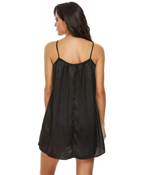 Nightgowns & Sleepshirts Women's Summer Satin Nightgown Mini Slip Dress Spaghetti Strap Short Party Dress with Pockets - Blac...