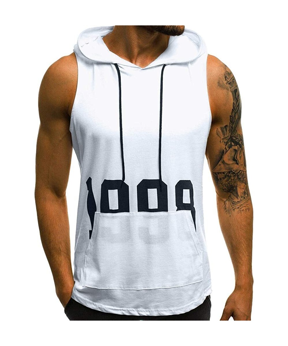 Sleep Tops Muscle Hole 1998 Sleeveless Tops Men Fitness Hooded Bodybuilding Skin Tight-Drying Hoodie - White - CG1944LZ3Q3