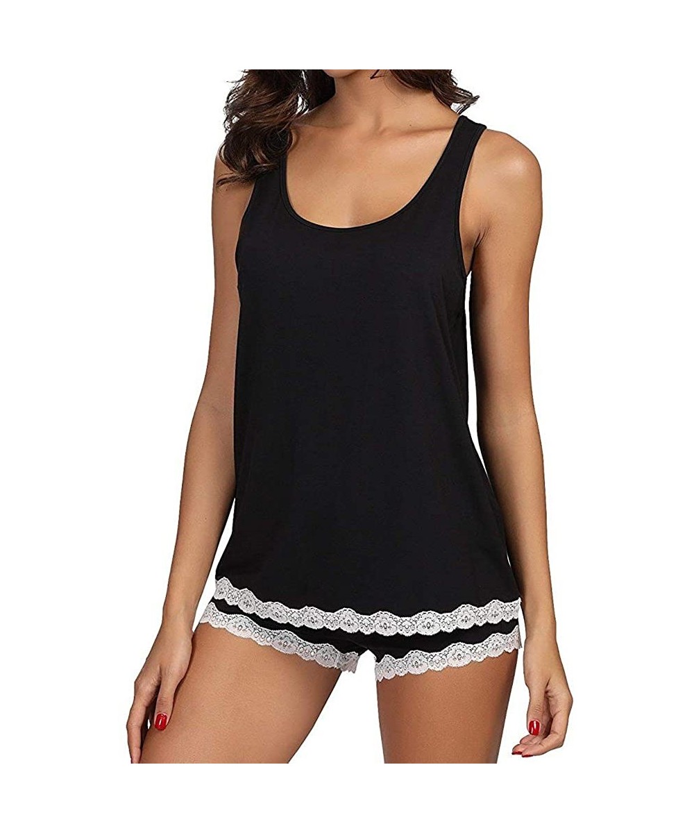 Robes Women's Lingerie Electric Lace Sexy Pajama Set Striped Sleeveless Sleepwear Sets Tank and Shorts Set - A-black - C51989...