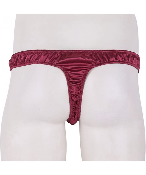 G-Strings & Thongs Mens Sissy Shiny Satin G-String Thongs Underwear Low Rise Jockstrap Bikini Briefs Tangas - Wine Red - CF19...