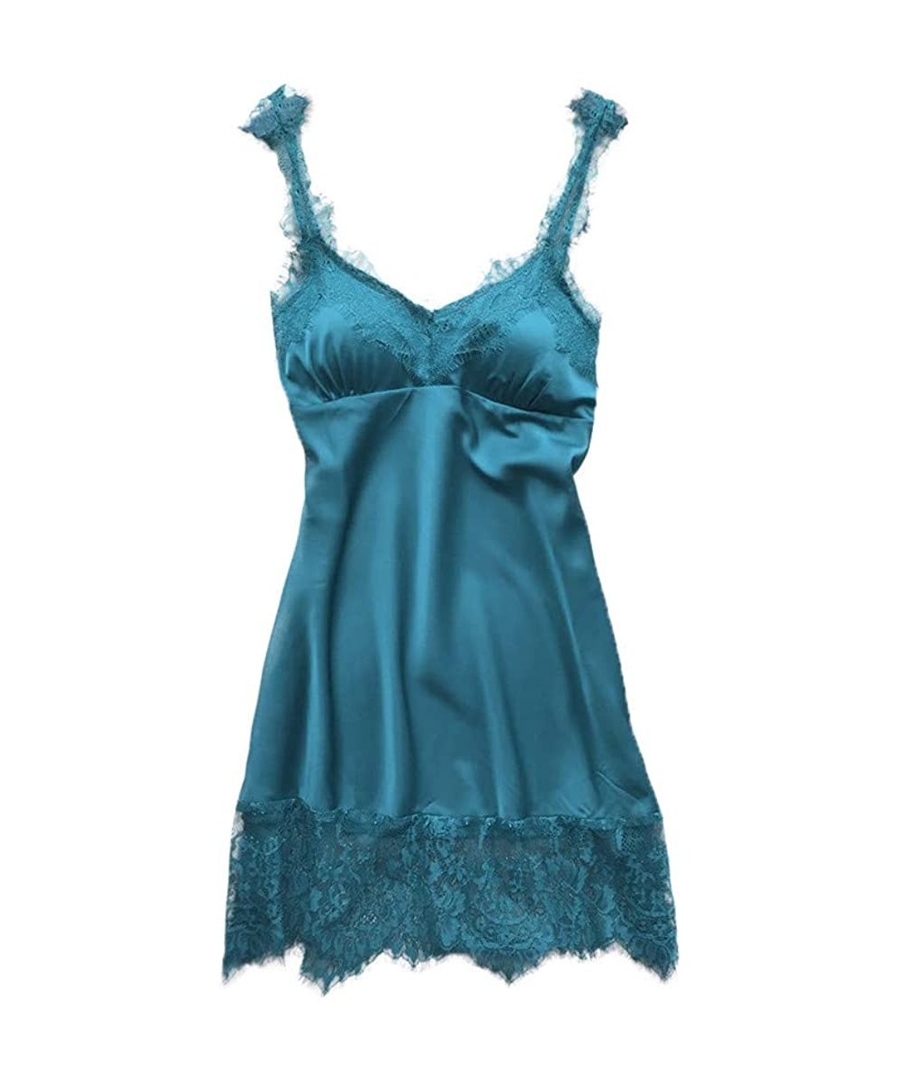 Robes New Women Lace Teddy Lingerie Sexy Deep V One Piece Nightdress Underwear - Blue - C8194L8CSEN