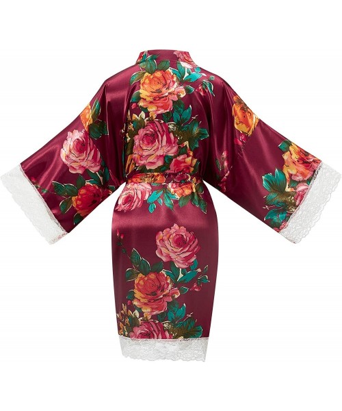 Robes Women's Bride Bridesmaid One Size Rose Silky Short Kimono Lace Robe for Wedding Getting Ready - Burgundy - C918OIYCH23