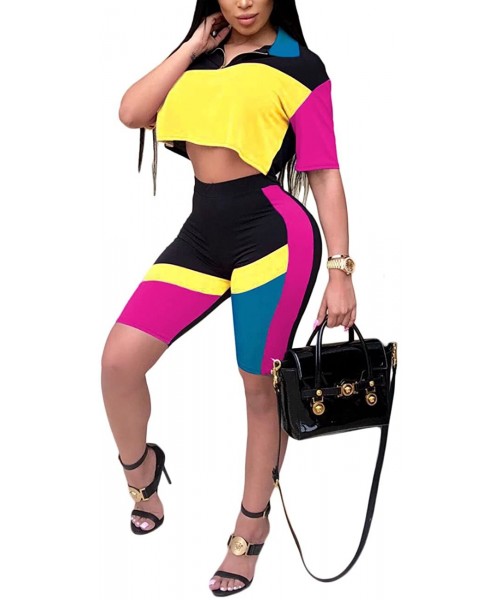Sets Shorts 2 Piece Outfits for Women-Casual Color Block Short Sleeve Tops Bodycon Short Tracksuit Set - Yellow - CL18EHH97LT