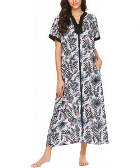 Nightgowns & Sleepshirts Women Nightgown Zip Front Robe Long Full Length Maxi Cotton Summer Duster Coat - Pat7 - C018X3WO6XA