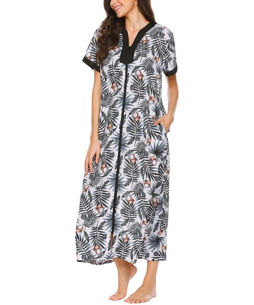 Nightgowns & Sleepshirts Women Nightgown Zip Front Robe Long Full Length Maxi Cotton Summer Duster Coat - Pat7 - C018X3WO6XA