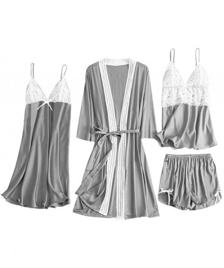 Sets 4 Pc Pajamas Set Womens Sexy Sleepwear Outfit Include Lace Splicing Kimono Robe Nightgown Cami Tops and Shorts Gray - CK...