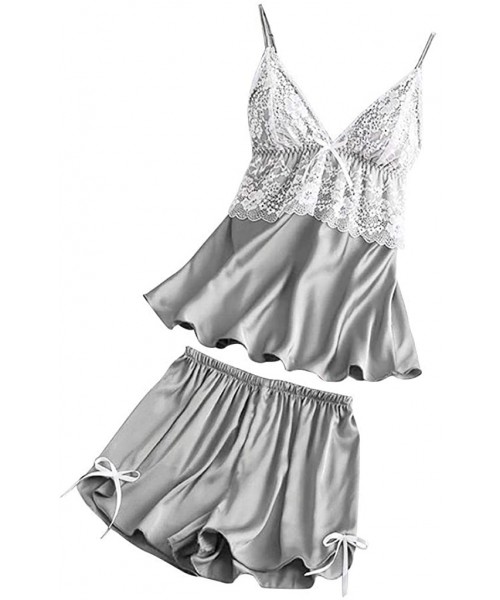 Sets 4 Pc Pajamas Set Womens Sexy Sleepwear Outfit Include Lace Splicing Kimono Robe Nightgown Cami Tops and Shorts Gray - CK...