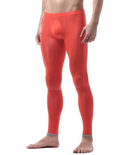 Thermal Underwear Mens Semi Opaque Thin Ice Silk Long Johns Colorful Soft Lift Buttocks Long Pants - Orange - CX18XH7WAIQ