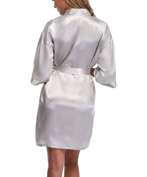 Robes Women's Short Satin Kimono Robe for Bridal Party Bathrobe Wedding Dressing Gown - P-silver - CJ18ZXX8XN2