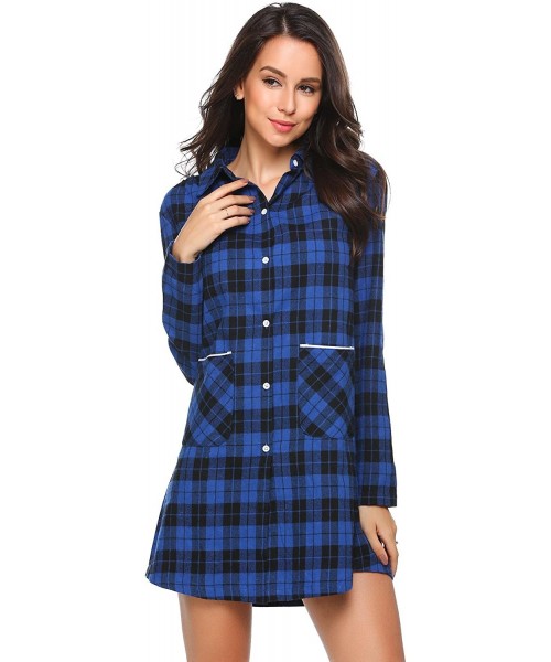 Nightgowns & Sleepshirts Women's Cotton Nightshirts Button-Front Plaid Sleep Shirt With Pocket - Blue - C0180HO96DU