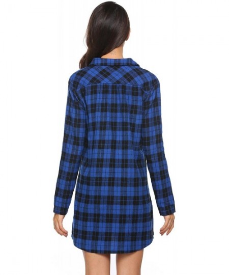 Nightgowns & Sleepshirts Women's Cotton Nightshirts Button-Front Plaid Sleep Shirt With Pocket - Blue - C0180HO96DU