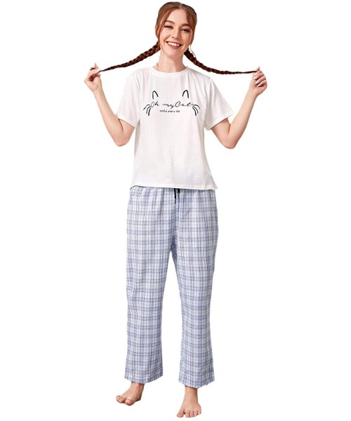 Sets Women's Cartoon Print Short Sleeve Tee and Pants Sleepwear PJ Pajama Set - Blue Gingham - CU19ESQ37DX